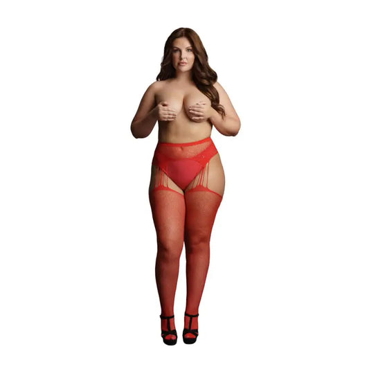 Le Desir Suspender Rhinestone Pantyhose in Red for UK Sizes 14 to 20