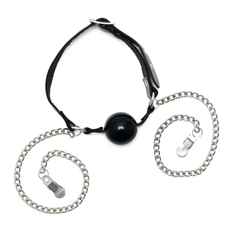 Leather Mouth Gag with Adjustable Nipple Chain Clamps