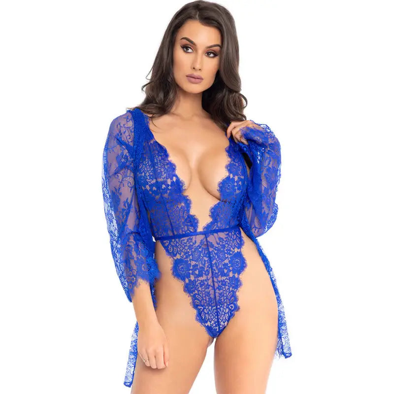 Leg Avenue Floral Lace Teddy and Robe Set in Blue