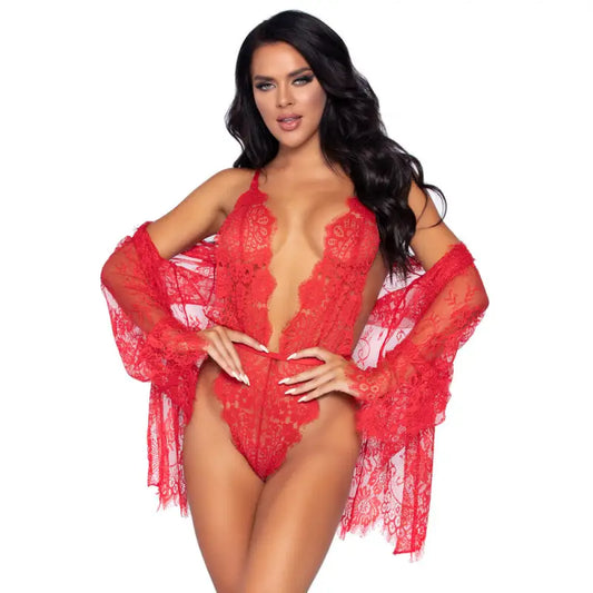 Leg Avenue Floral Lace Teddy and Robe Set in Red
