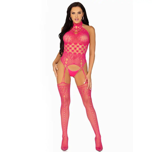 Leg Avenue High Neck Halter Lace Suspender Body Stocking UK 6 to 12