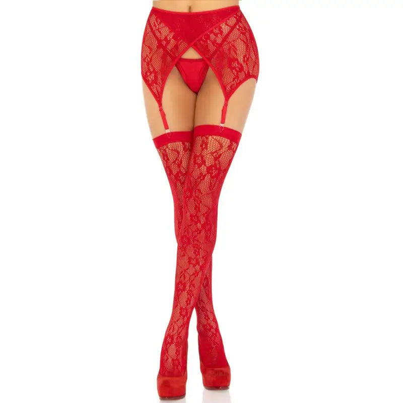 Leg Avenue Lace Stockings and Garterbelt Red Set