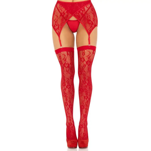 Leg Avenue Lace Stockings and Garterbelt Red Set