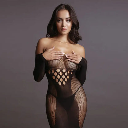 Long Sleeved Mini Dress with Contrast Net Fabric and Cut-Out Design