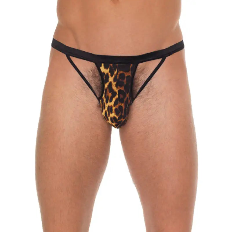 Mens Black GString with Animal Print Pouch and Straps