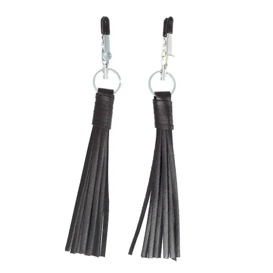Nipple Clamps with Black Leather Tassels for Enhanced Sensation