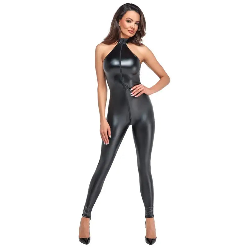 Noir Halterneck Jumpsuit in Off-the-Shoulder Style with Stand-Up Collar