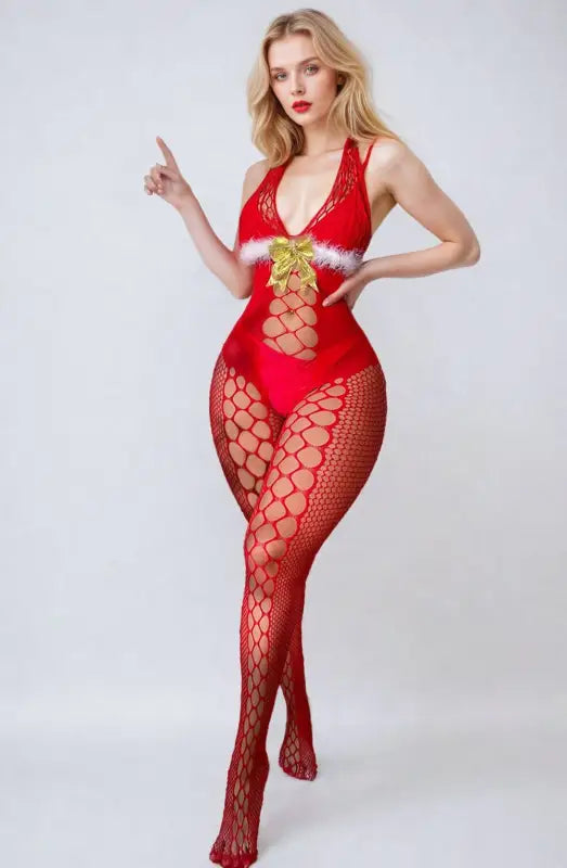 Seductive Red Halter YesX YX876 Christmas Fluffy Bodystocking Unveiled - One Size (S-L)