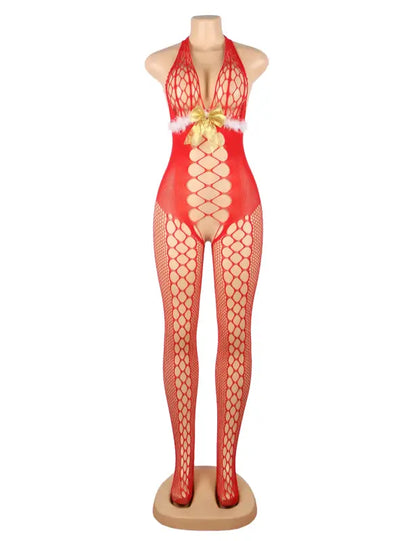 Seductive Red Halter YesX YX876 Christmas Fluffy Bodystocking Unveiled - One Size (S-L)