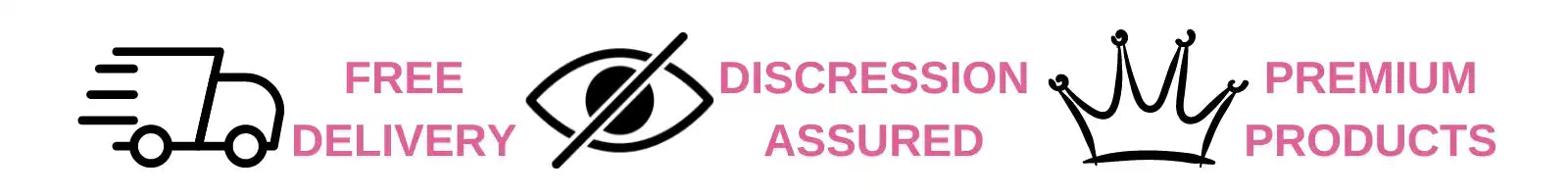 Three simple icons showing a delivery truck, a crossed-out eye symbol, and a crown, with pink text underneath each.
