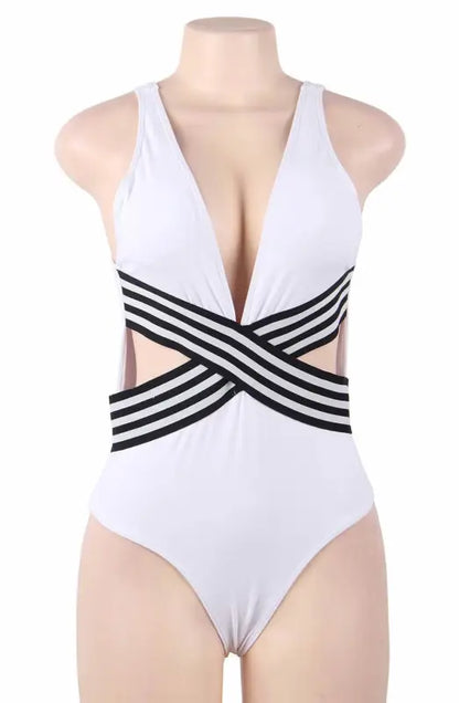 Timeless Sexy White Swimsuit with Striking Black Design and Cutouts