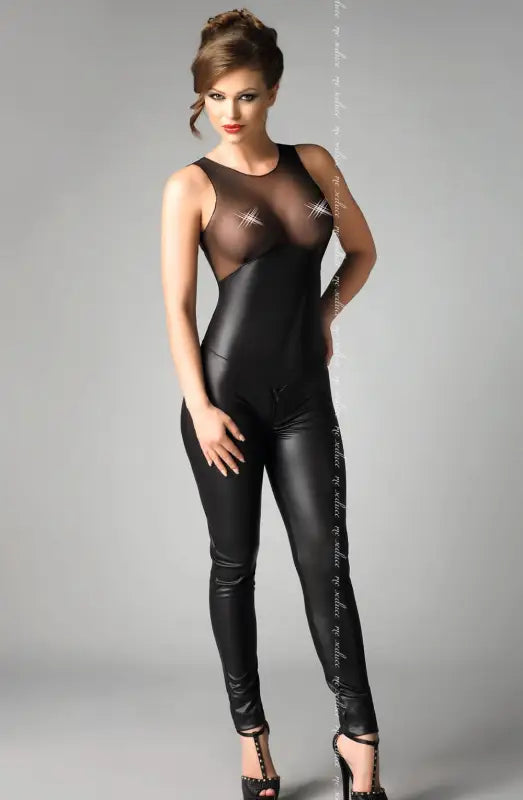 Unleash Elegance with the Seduce Demi Black Sleeveless Leather-Look Catsuit