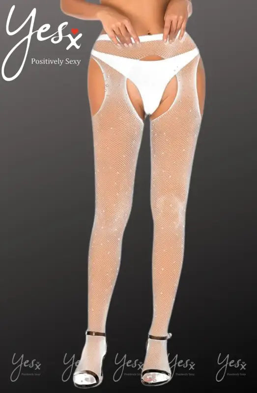 YesX YX851 Sparkly White Fishnet Crotchless Tights for Sensual Elegance - XS/M