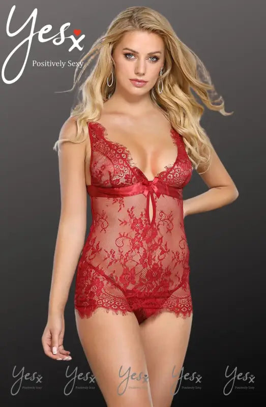YesX YX855 Chemise Hot Red with Alluring Eyelash Lace Detail