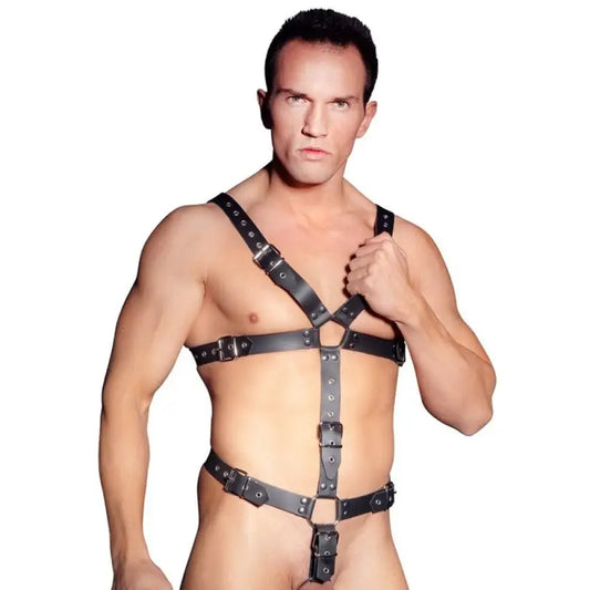 Zado Mens Leather Adjustable Harness with Cock Ring for Ultimate Pleasure