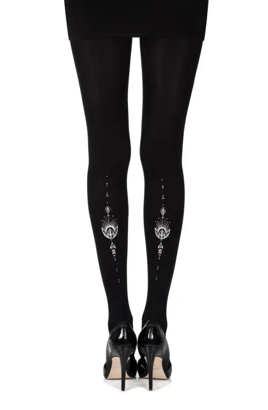 Zohara Jewel In The Night Black Print Tights with Silver Indian Ethnic Design